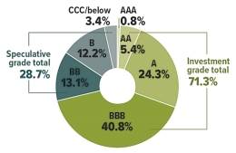 AAA=0.8%, AA=5.4%, A=24.3%, BBB=40.8%, BB=13.1%, B=12.2%, CCC and below=3.4%. Speculative grade total=28.7%. Investment grade total=71.3%.