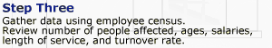 Step 3. Gather data using employee census. Review number of people affected, ages, salaries, length of service, and turnover rate.