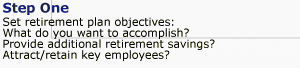 Step 1. Set retirement plan objectives: What do you want to accomplish? Provide additional retirement savings? Attract/retain key employees?